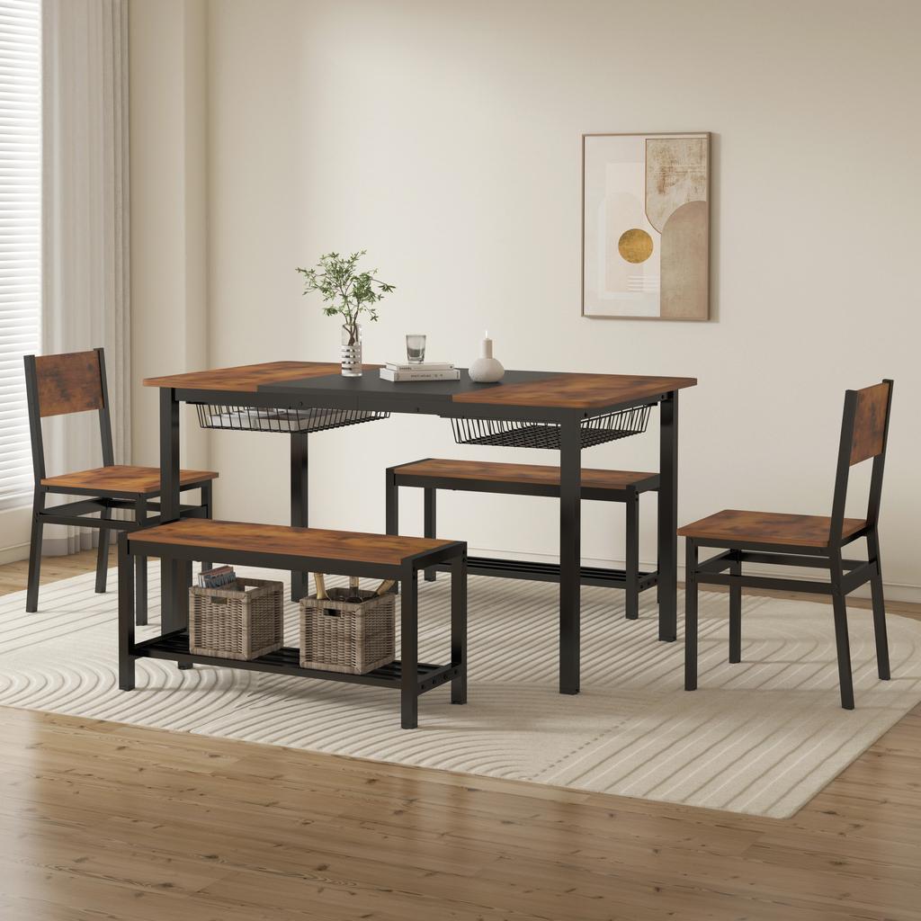 NAIYUFA Dining 5 Pieces Table Set,One Large Table ,2 chairs and 2 Benches for 4-6 people,Wood Brown Sets with Storage Rack