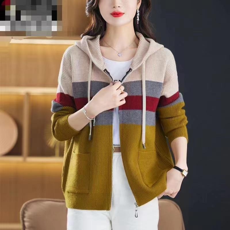 Autumn color matching hooded knitted cardigan women's top 1011 new women's striped sweater jacket autumn and winter