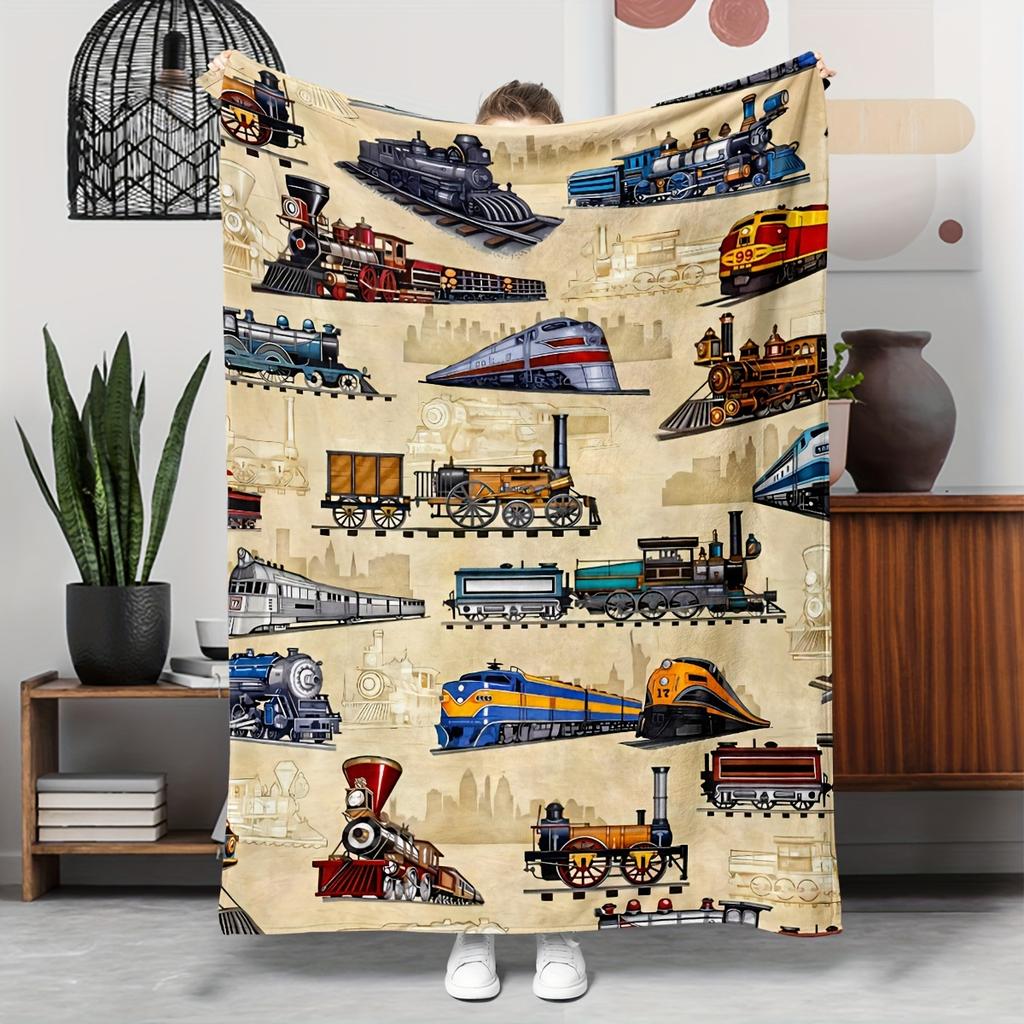 1pc Vintage Train Themed Flannel Blanket Sofa Bed Office Multipurpose Blanket Camping Travel Outdoor Blanket