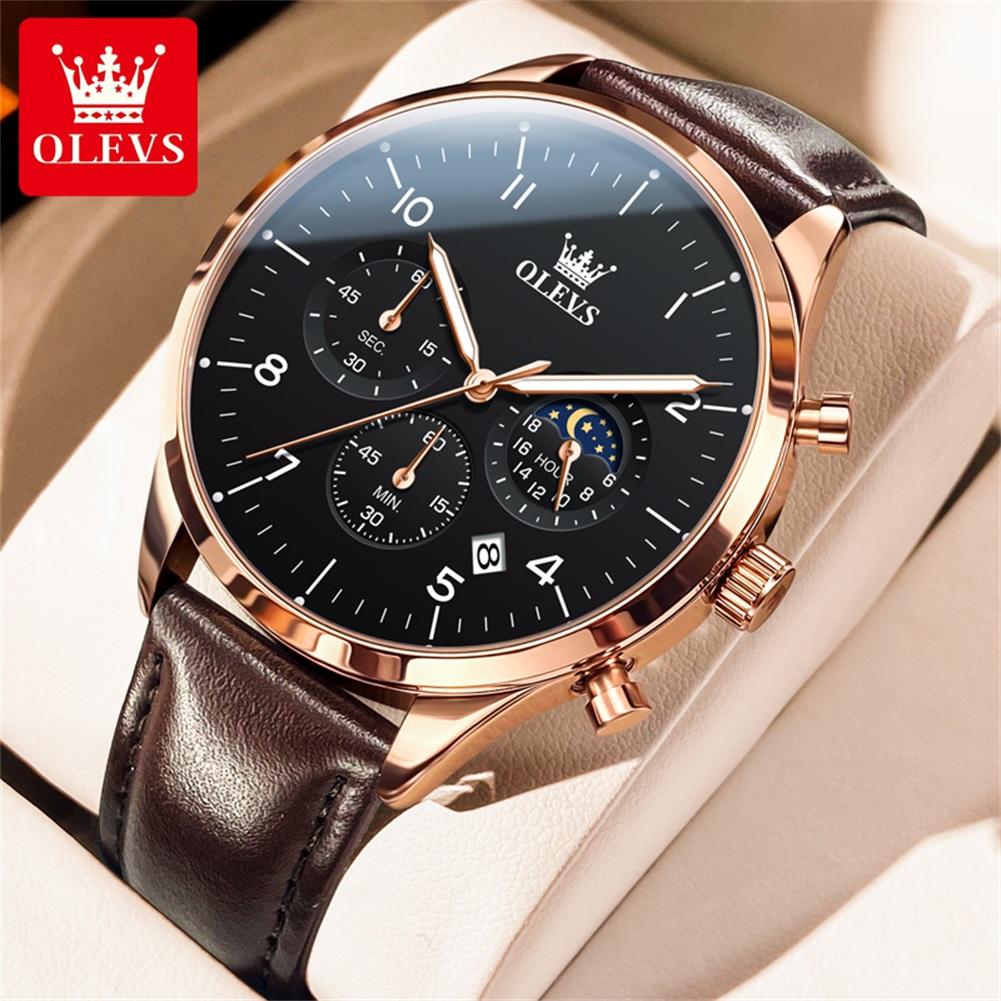 OLEVS Brand Fashion Moon Phase Quartz Watch for Men Leather Waterproof Luminous Calendar 24 Hours Multifunction Mens Watches