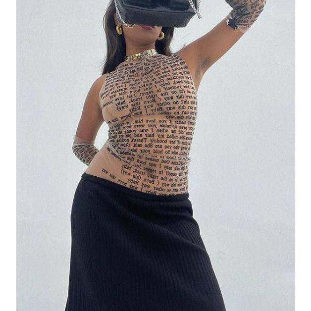 European Korean-Style Mesh Print See-Through Pullover T-Shirt