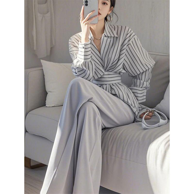 

Salt-Toned Grey Striped Waist-Cinching Shirt Suit: Sophisticated and Sassy Women s Ensemble M