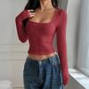 Women's Fashionable Solid Color Long Sleeved Square Neck Slim Fit Sexy Base Shirt T-shirt Top