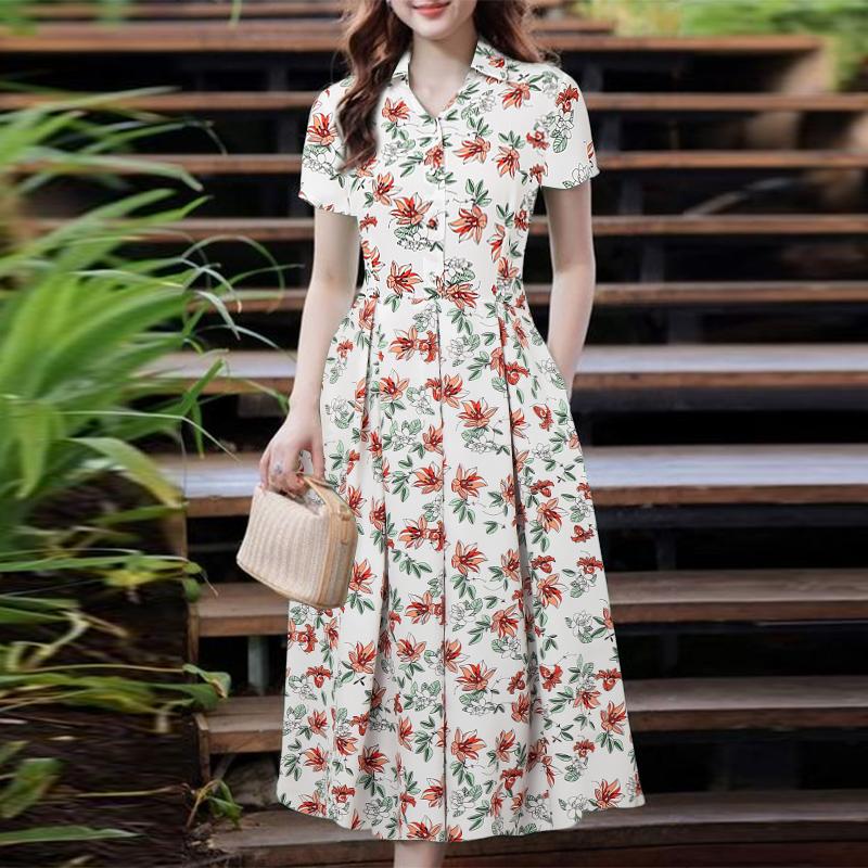 

ZANZEA Женское повседневное платье с отложным воротником и короткими рукавами с цветочным принтом 5XL белый