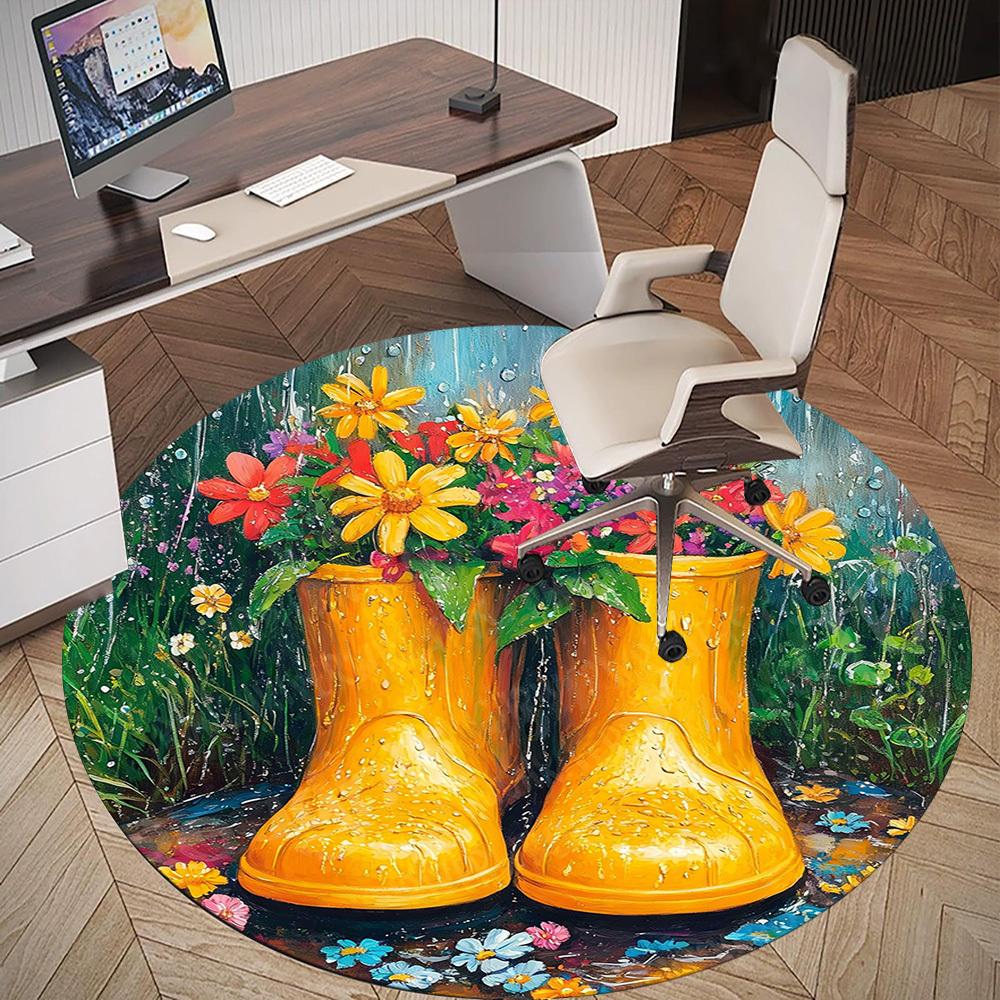 1PC Rain Boots Flowers Office Round Area Rug, Under Office Chairs Bedroom Living Room Home Decor, Carpet for Office -1110091