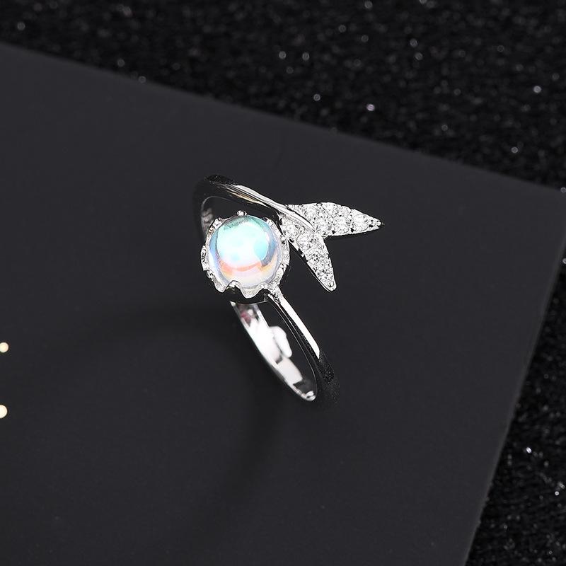  Sterling Silver Mermaid Tail Opening Rings Luxury Zircon Natural Moonstone Finger Ring for Women Girls Jewelry Gift