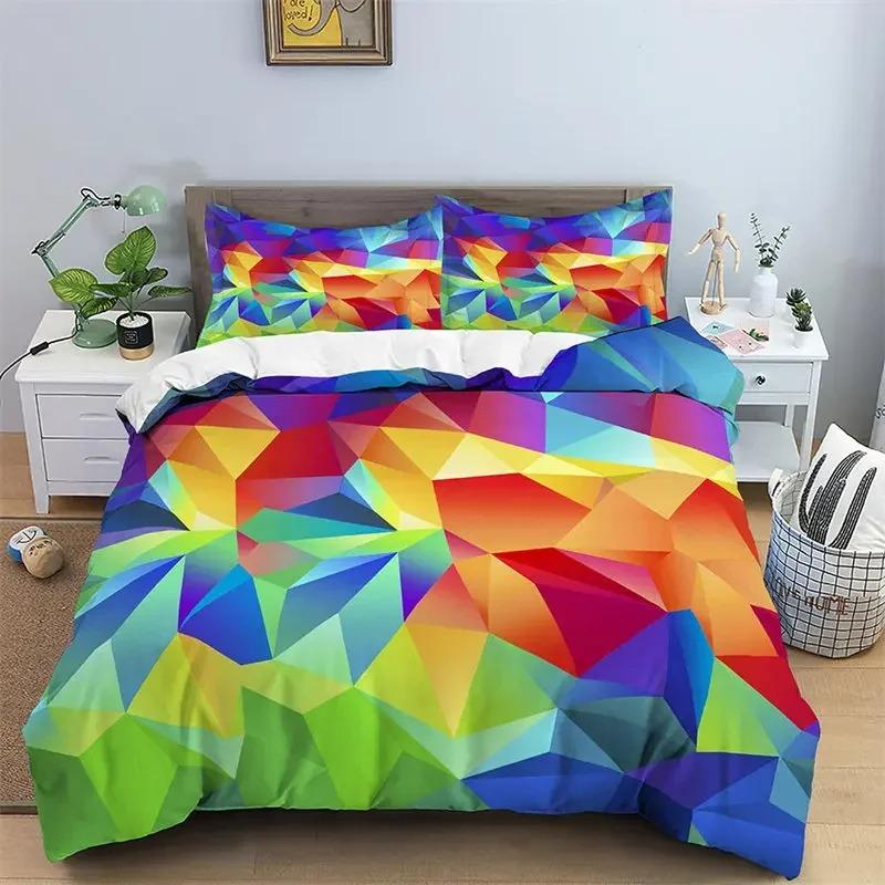 Abstract Geometric Duvet Cover Microfiber Queen Bedding Set For Boys Girls Room Rainbow Plaid Print Quilt Cover With Pillowcase