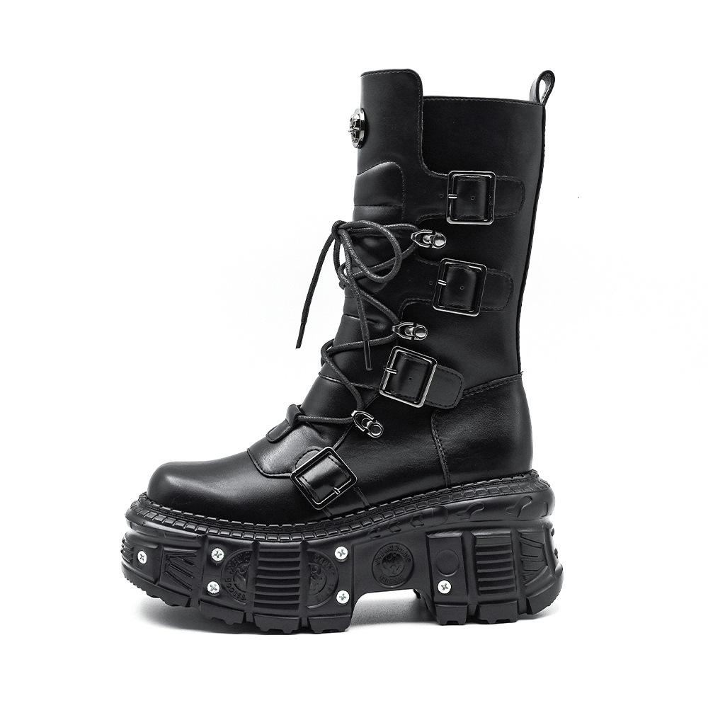 

Punk Style Women Boots Lace-up Heel Height Platform Shoes Woman Gothic Ankle Rock Boots Metal Decor Man and Woman Sneakers 2025 42 чёрный