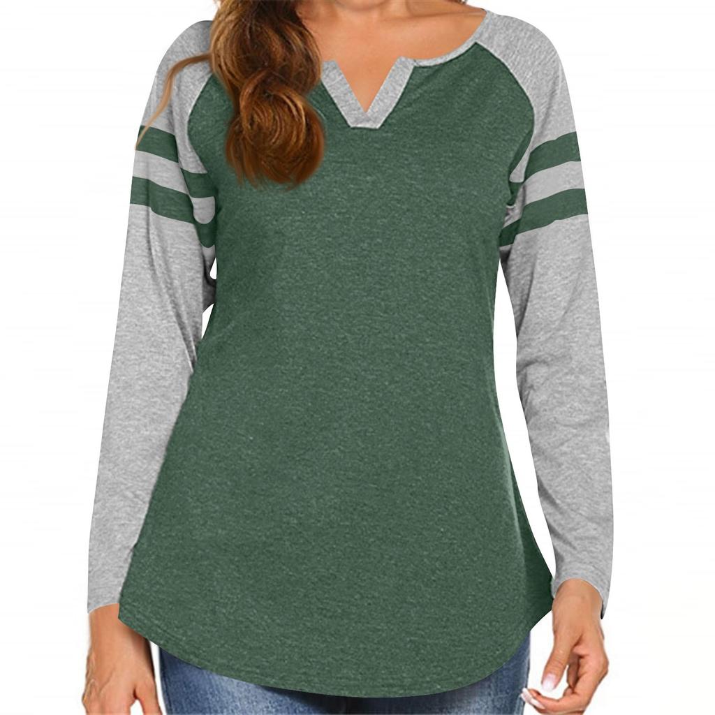 Women's Casual Fashion Striped Long-sleeved T-shirt V-neck Color-blocked Top