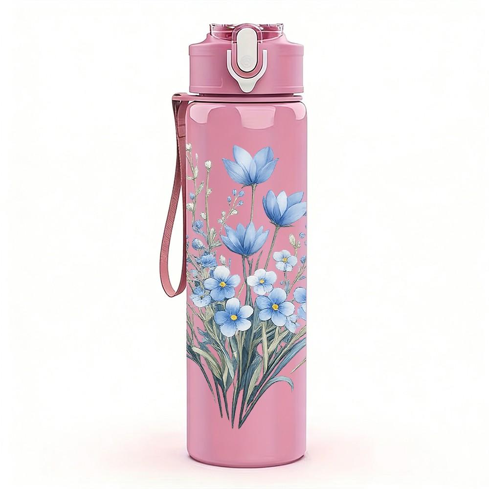1PC Dried Blue Lavender Bouquet Print 750ml Color Plastic Sports Water Bottle Leakproof Flip Straw Lid Suitable for Sports Office Home Use