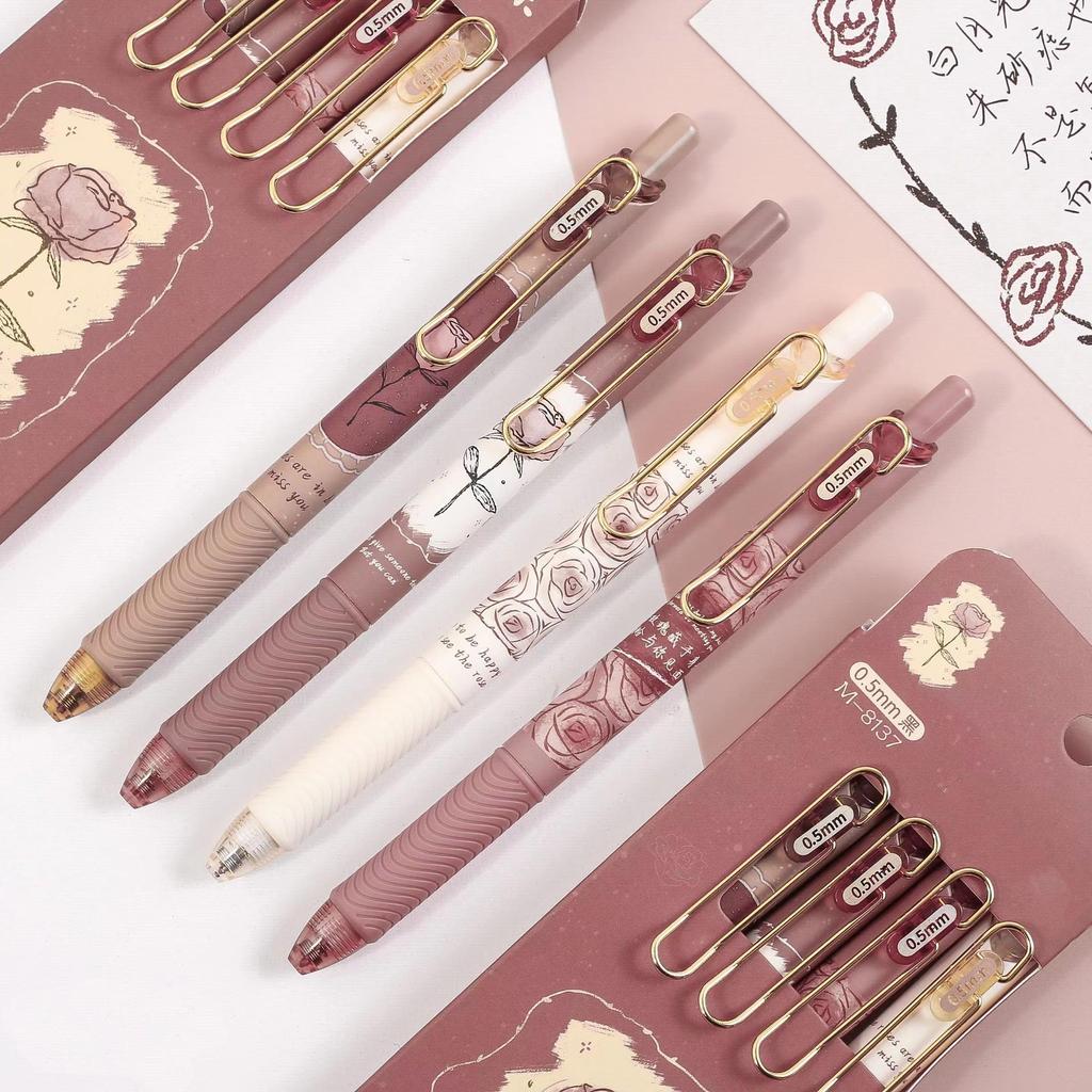 4Pcs/set Cute Black Gel Pen Adorable Ins Korean Floral 0.5mm Gel Pen Kawaiii Pen for Journal Notepad Test Paper School Supplies