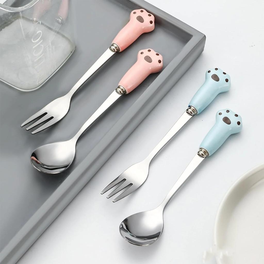 4 Stück Niedliches Katzenpfoten Löffelset Teelöffel Kaffeelöffel Obst Eis Dessert Gabel Edelstahl Löffel für Kaffee Tee