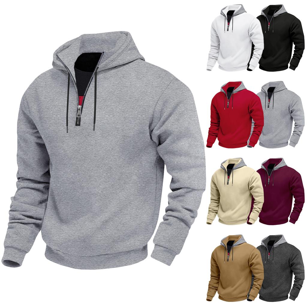 Heavyweight Spring/Autumn Fleece-Lined Men's Oversized Stand-Up Collar Hooded Pullover Zip-Up Long-Sleeved Sweatshirt