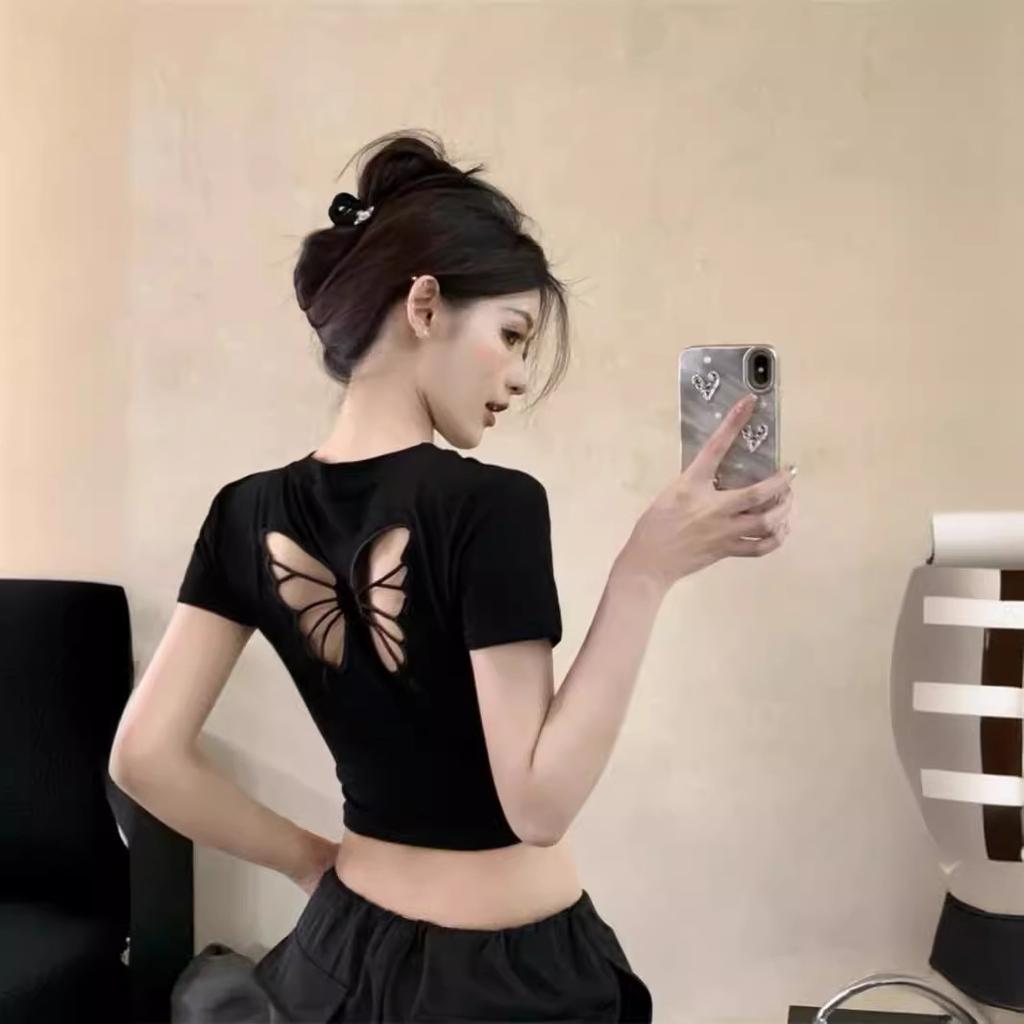 Hollow Bow Embroidery Front Shoulder Short Sleeve T-Shirt Women's Summer Navel Short Slim Skinny Spice Girl Top