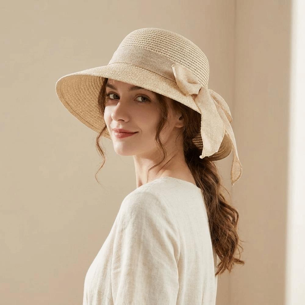 Portable Big Brimmed Woven Cap Hollow Out Bucket Hat Equestrian Hat Bow Fisherman Cap Spring