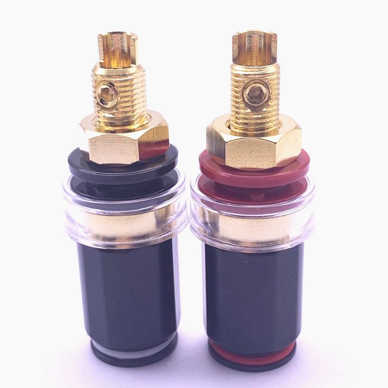 Gold-Plated Copper Audio Amplifier Terminal with Black Finish - No-Weld Banana Socket, Long/Short Post, M8 Screw Hole.