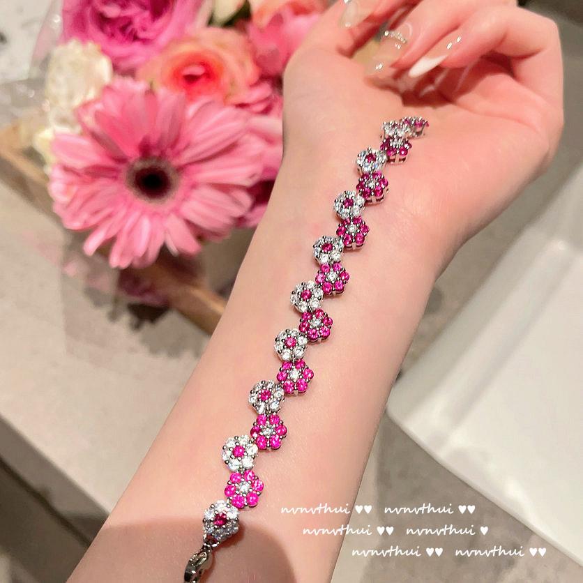 Neon Flower Jewel Ring, Rubilai, 18K Gold Plated, Rouge Pink Zircon Peach Blossom Bracelet, Set
