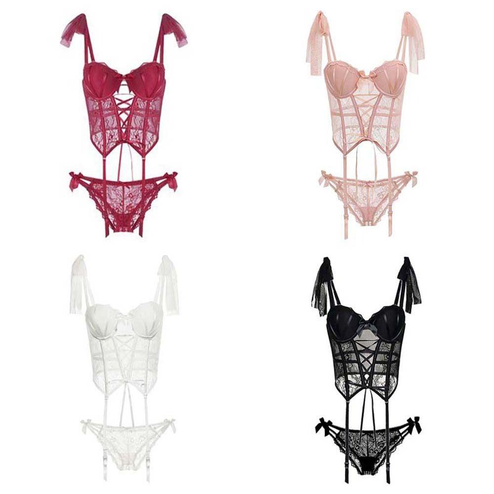Hollow Mesh Women Lingerie Uniform Passionate Set Bow Lace Corset  Home Travel