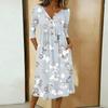 Rochie casual de damă la modă, cu imprimeu colorat, gât rotund, mânecă 3/4, guler cu nasturi, lungime medie