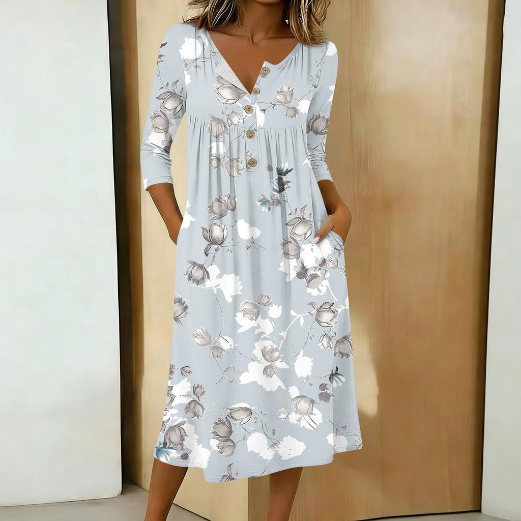 Rochie casual de damă la modă, cu imprimeu colorat, gât rotund, mânecă 3/4, guler cu nasturi, lungime medie