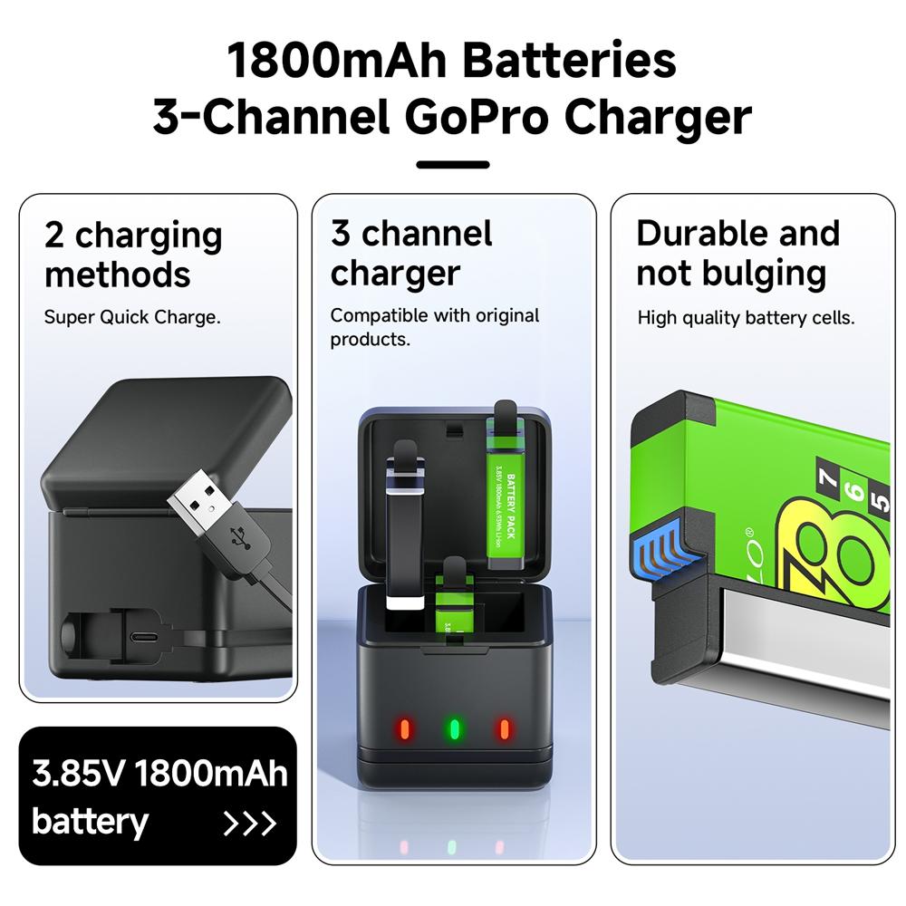 PALO 1800mAh Battery For GoPro Hero 8 7 6 5 Li-ion Battery Pack Motion Camera Battery Storage for GoPro Hero8 Rechargeable Batteries