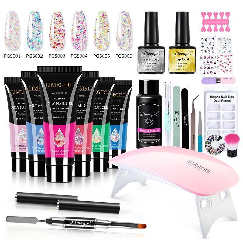 5 Color Gel Nail Polish Kit with Extender Gel, Cuticle Oil, LED Lamp, Cartoon Charms, Nail Tips, Tweezers Set