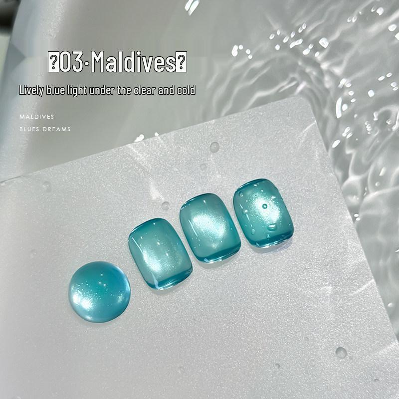 ROLITA Maldives Cat Eye Gel Polish Set - Super Sparkle Blue Pedicure Kit with Transparent Glass Beads.