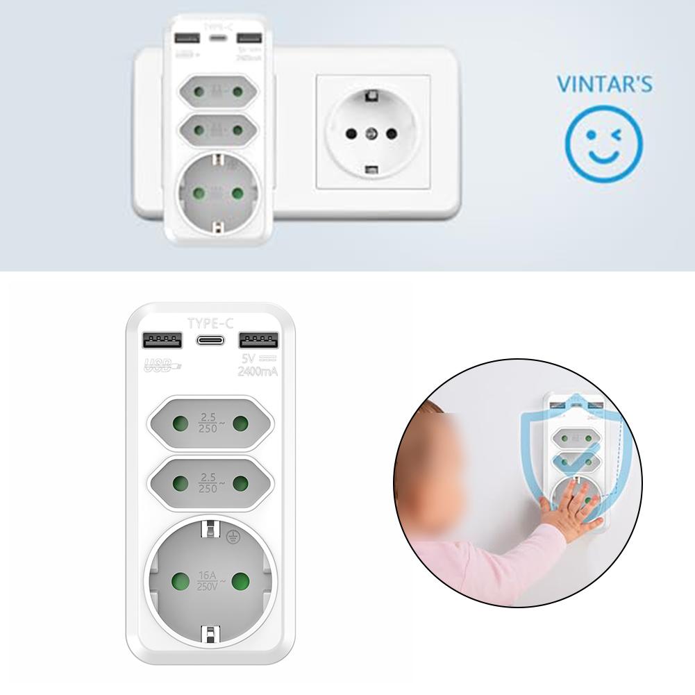 

European Plug Adapter Multiple Socket For Bathrooms Flip Cover Design 1 USB-C Port 2 USB-A Ports 6-in-1 Design CHINA