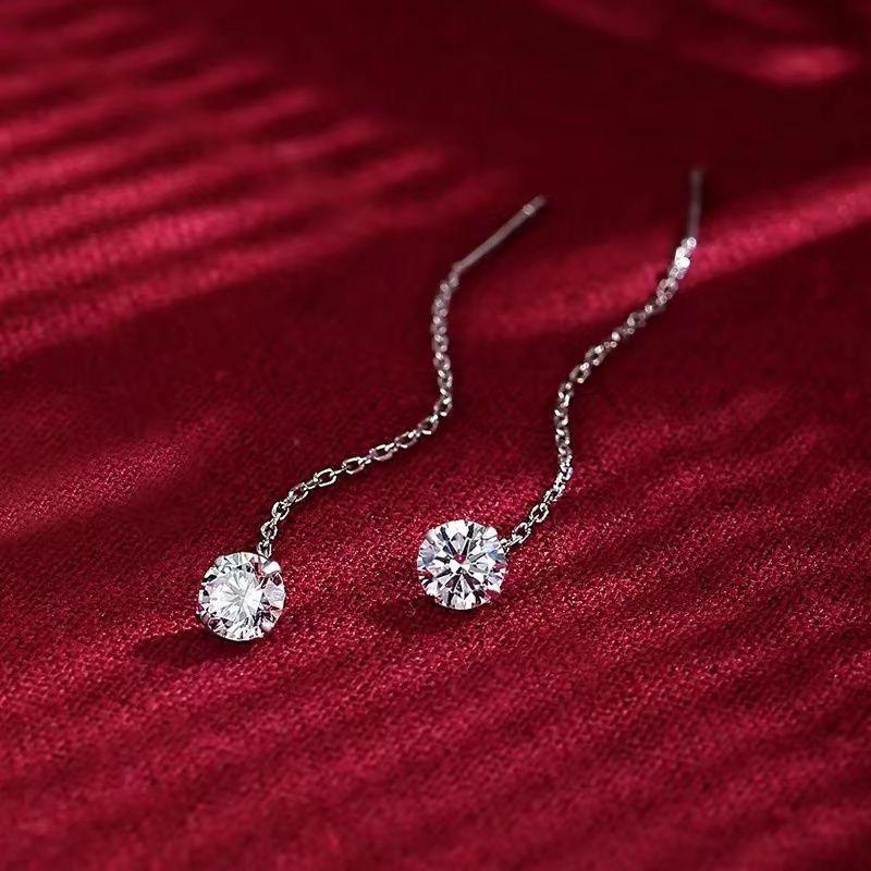 Real 925 Silver 5/7MM Round Zircon Short Tassel Stud Earrings For Women Classic Fine Jewelry Light Luxury Accessories