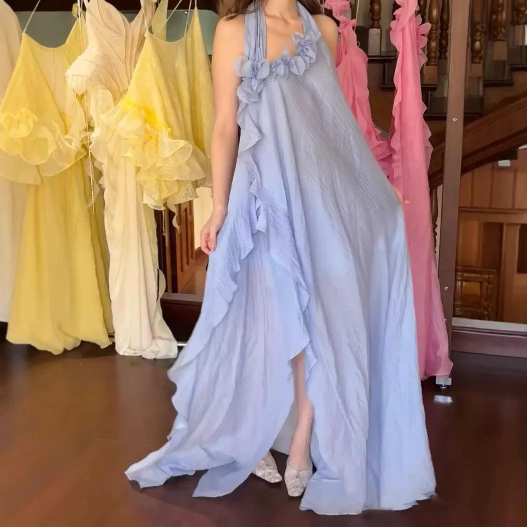 Available Designer Halter Neck Off-the-Shoulder Ruffle Dress Small синий