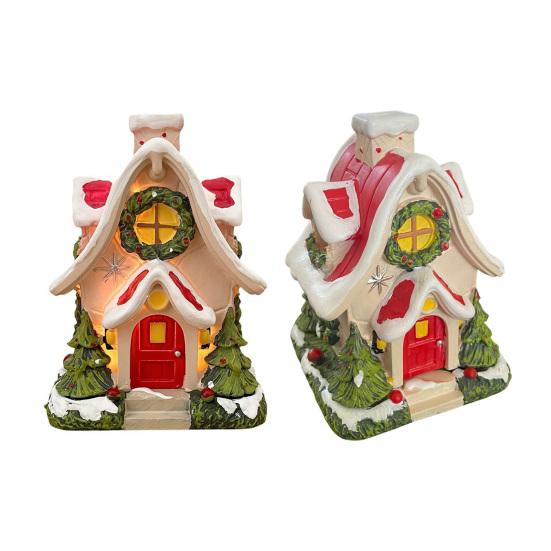 Mini Christmas House Figurine Small Resin Snowy Village House Statue with Wreath And Pine Trees for Fairy Garden Holiday Decor Micro Landscape