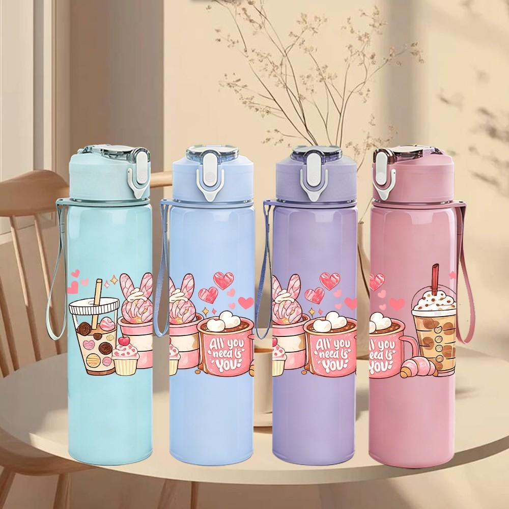 1PC Pink Milk Tea Drink Cup Print 750ml Color Plastic Sports Water Bottle Leakproof Flip Straw Lid Suitable for Sports Office Home Use
