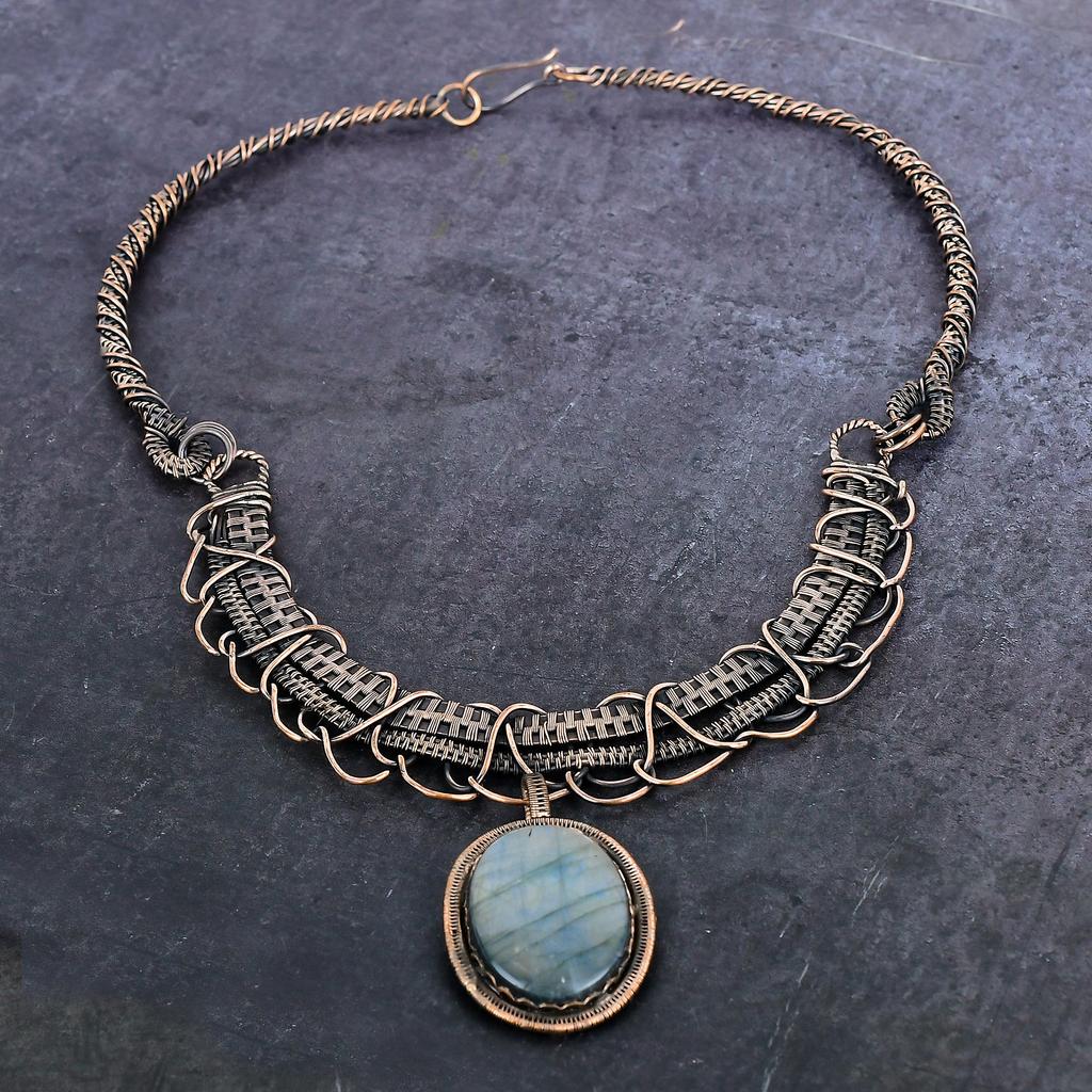 Natural Labradorite Gemstone Handmade Copper Wire Wrap Jewelry Necklace 18" Z7z91