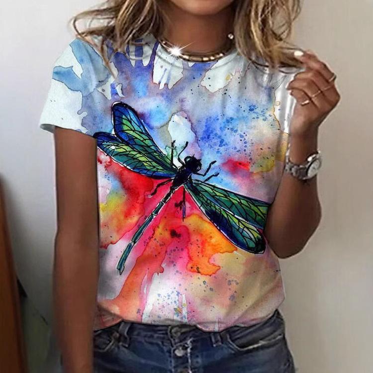 Summer Round Neck 3D Flowers Butterflies Dragonflies Pattern Print Top Fashionable Casual Short Sleeved Women's T-shirts