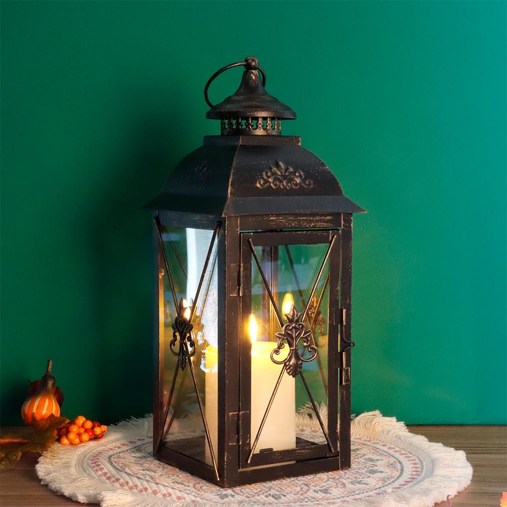 Vintage Black Metal Lantern with Hanging Top Candle Lantern for Home Wedding Decor
