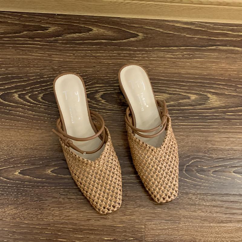 Fashion SUOJIALUN Summer New Women Slip On Mules Shoes Fashion Cane Weave Ladies Sandal Shoes Square Low Heel Outdoor Casual Slipper