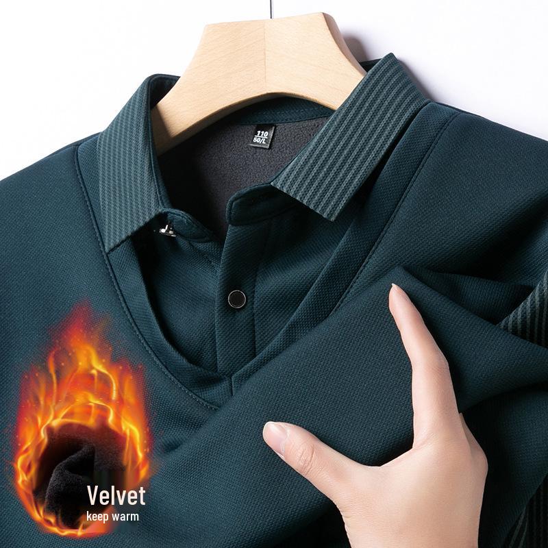 Winter Sale: Men's Fleece-Lined Two-in-One T-Shirt with Shirt Collar – Thick, Warm Base Layer
