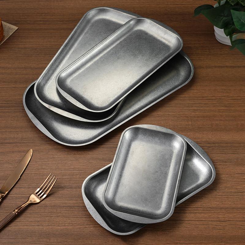 Retro klassische 304 edelstahl rechteckige platte kaffee shop tablett lagerung bbq geschirr teller und schüsseln essteller
