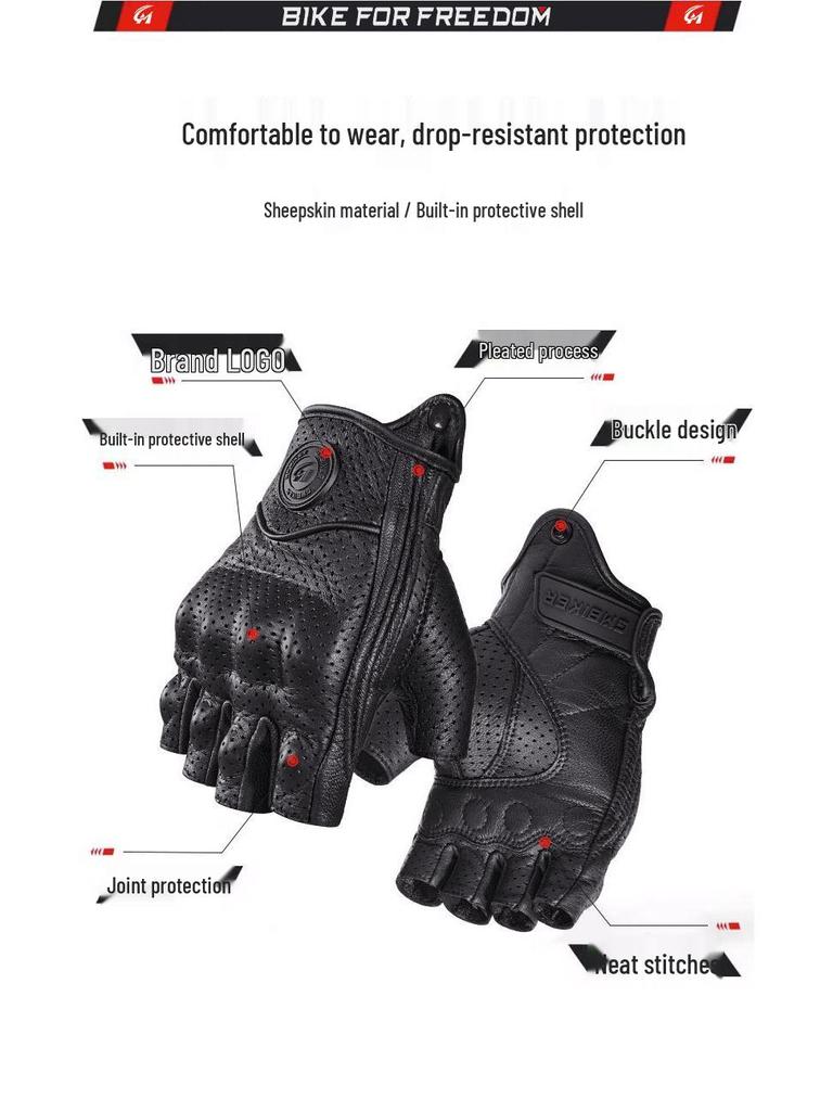 GMBIKER Genuine Leather Retro Motorcycle Half-Finger Gloves - Anti-Fall, Breathable, Full-Finger Optional for Summer Riding