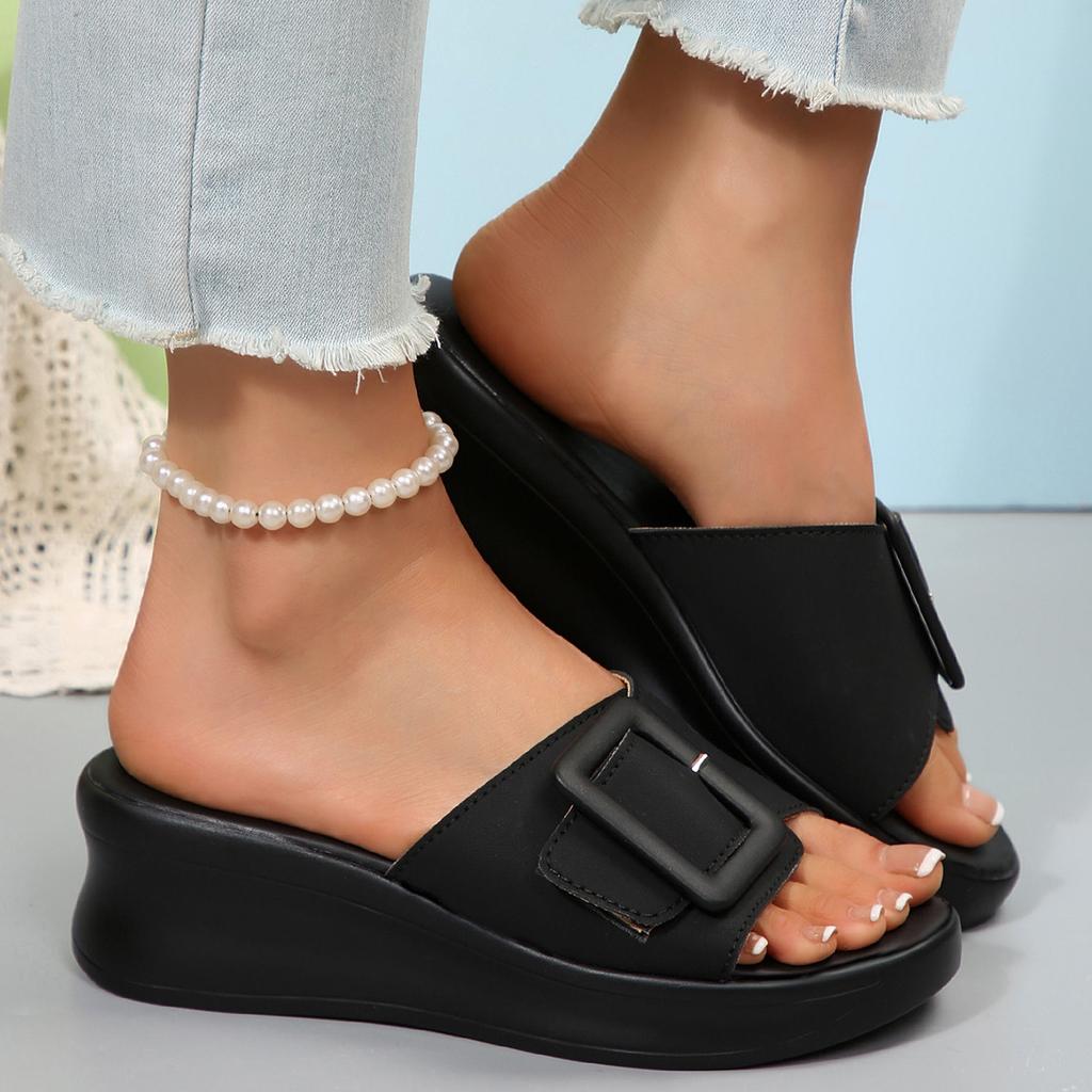 Korean simple solid color square buckle wedge slippers women wear new women's shoes Bohemian one-word slippers