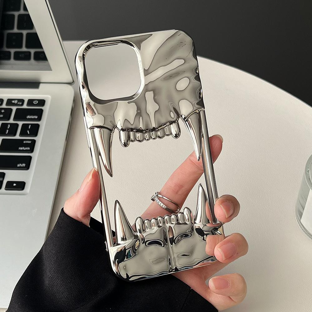 3D Canine Tooth Hollow Dissipate Heat Phone Case For iPhone 16 15 14 13 12 11 Pro Max Shockproof Electroplated Soft Cover