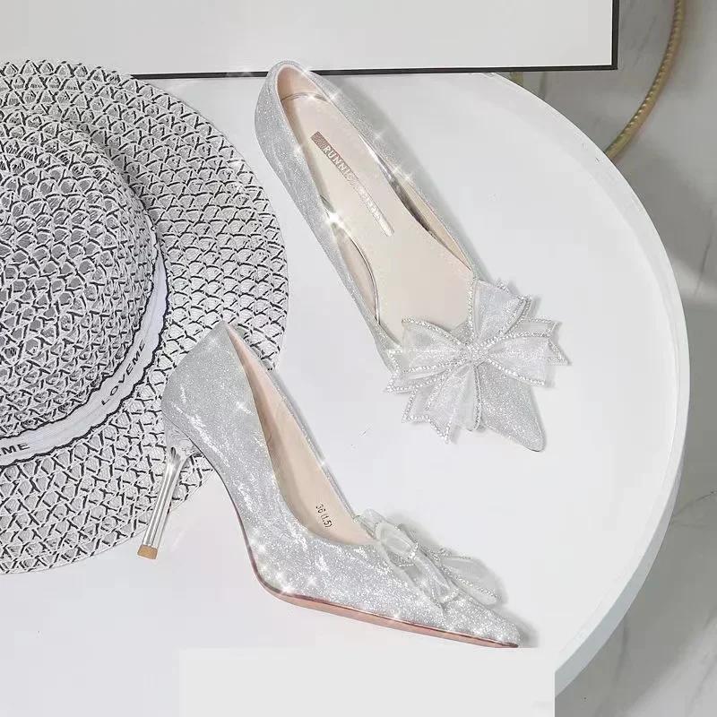 Women's Pumps Cinderella Rhinestone High Heels Pointed Toe Bow-knot Shoes Women Crystal Party Wedding Shoes Zapatillas Mujer
