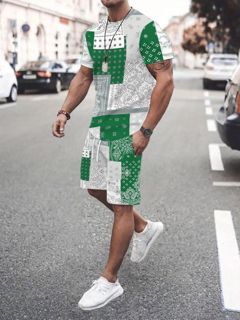 Plus Size Men 3D Print Round Neck T-Shirt Drawstring Shorts Set