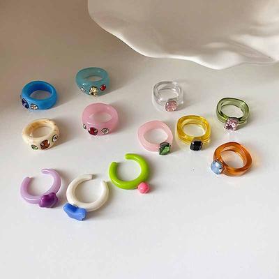 New Fashion Colorful Acrylic Rhinestone Resin Rings For Women Girls Korean Transparent Geometric Square Round Rings Jewelry 2026