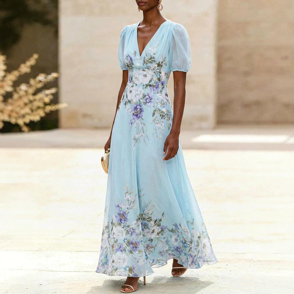 2026 new European and American women's clothing perspective short-sleeved V-neck digital printing long dress flower fashion dress