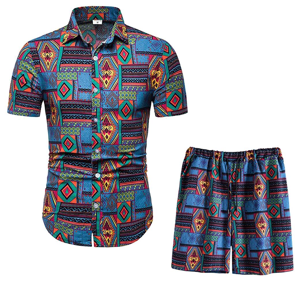 Men’s Summer 2-Piece Beach Printed Short Sleeve Shirts & Shorts Pants Sets