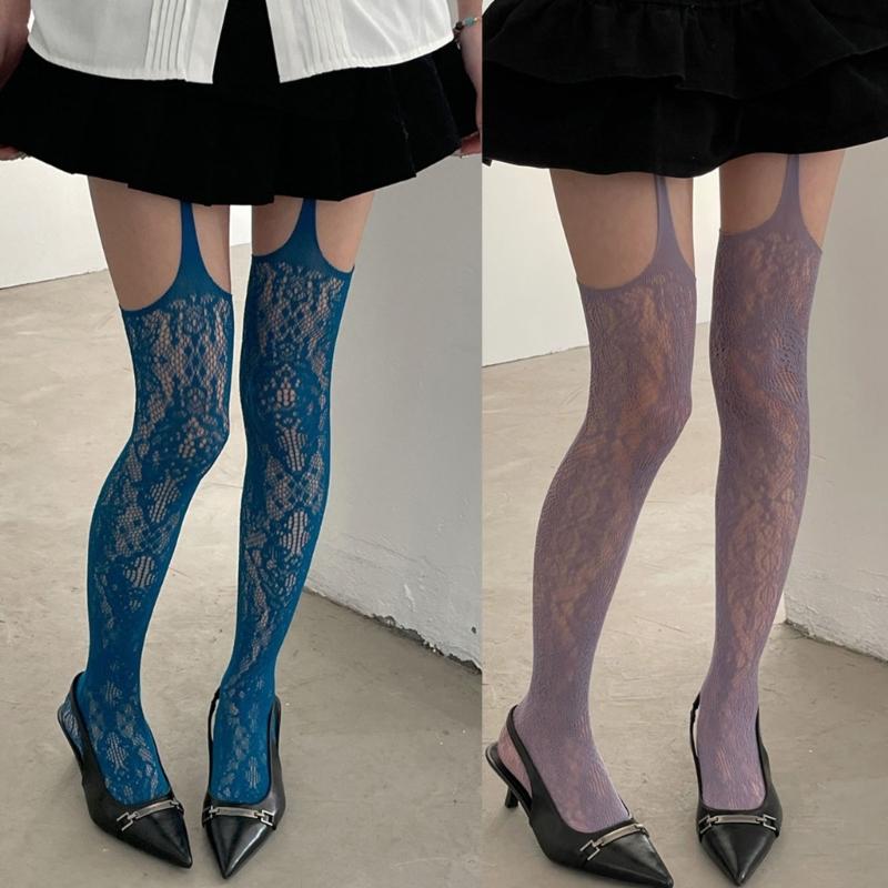 Women Sexy Sheer Fishnet Suspender Tights Garter Belt Pantyhose Hollowed Out Flower Pattern Colored Thigh High Stockings