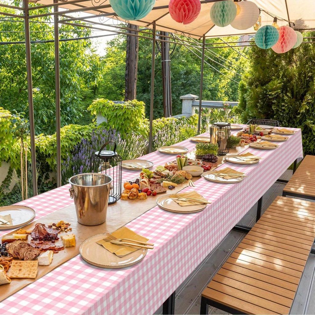 Pink And White Checkered Tablecloths Disposable Party Picnic Tablecloths Splash Proof Checkered Tablecloths For Camping Decoration Party Gifts