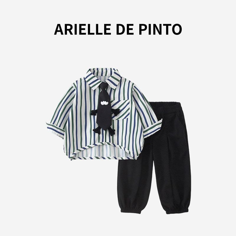 French Arielle De Pinto Boys Shirt Set 26 New Spring Style British Style Handsome Two-Piece Set Striped Suit 150