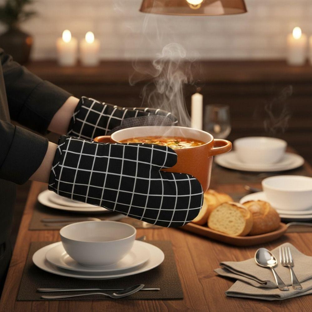 1 Pair Non-slip Kitchen Microwave Gloves Cotton Lining Heat Insulated Gloves Oven Gloves Pot Lid